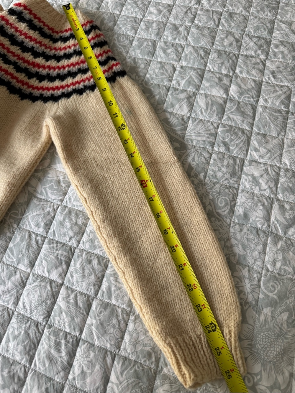 Cream Button Up Cardigan with Black, Gray and Red Stripe Design - Picture 7 of 8
